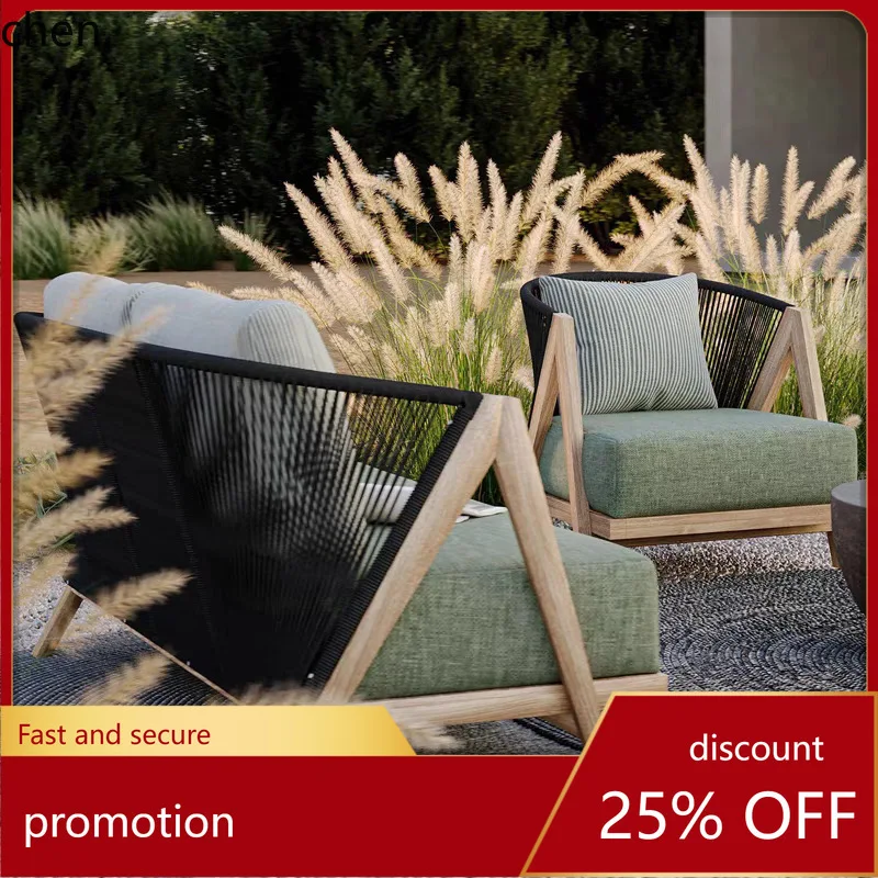 

HT Outdoor Sofa Custom Courtyard Open-Air Outdoor Teak Rope Woven Rattan Sofa Anti-Corrosion Leisure Garden