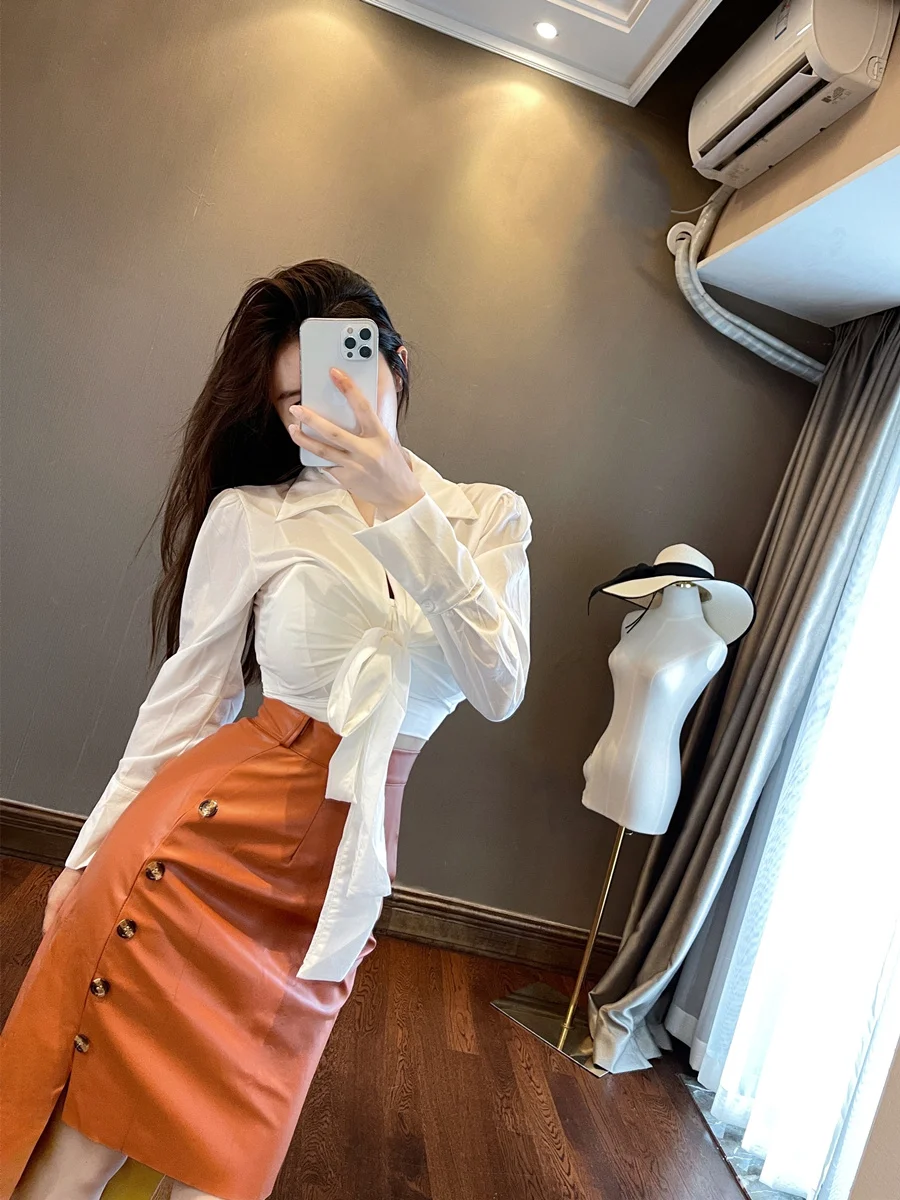 WOMENGAGA 2XL Sexy Hot Girls PU Leather Skirt Lace Up Waist Long Hips Wrapped Skirt OL Elegant Hot Sexy Korean Women Skirts IB4U