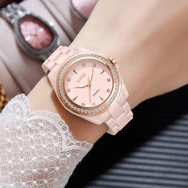 LIGE الفاخرة الوردي امرأة ساعة مقاوم للماء موضة كوارتز السيدات ساعة اليد الماس الهاتفي كامل السيراميك المرأة الساعات Relojs + صندوق #4