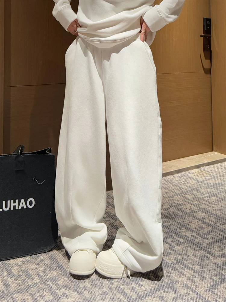 Winter New Cotton Fleece Lined Thickened Straight Pants Versatile Warm Casual Pants Elastic High Waist Floor-Length Pants