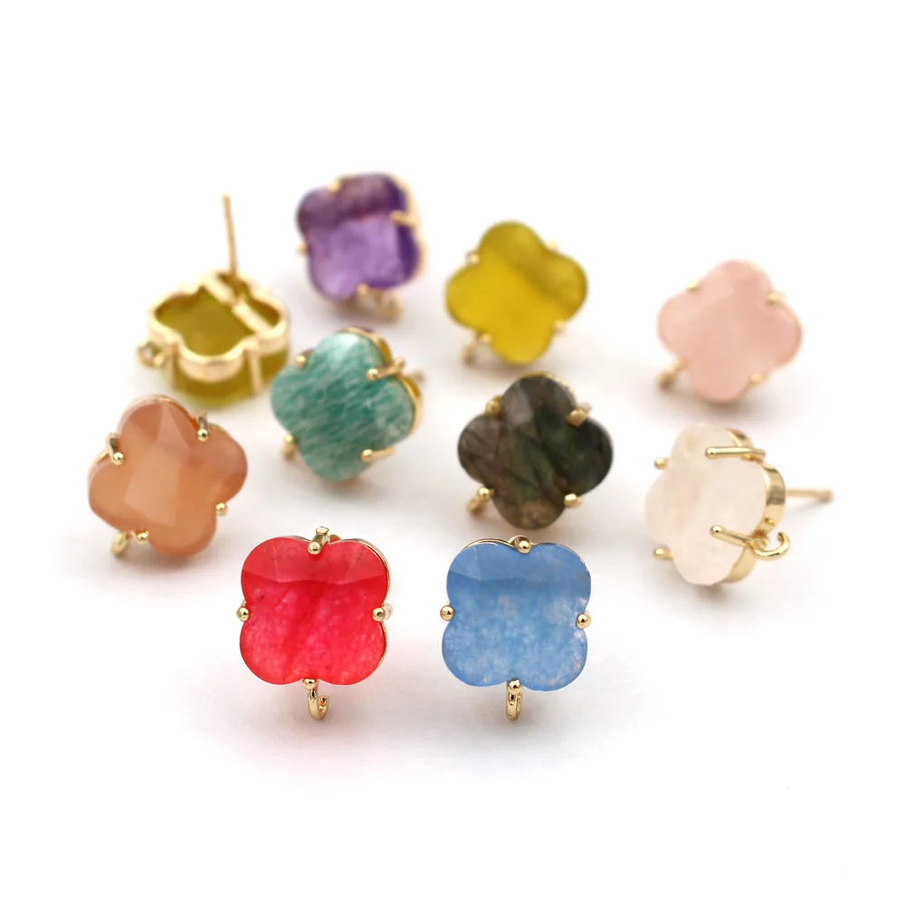 

6pair Gold Plated Flower Ear Posts Studs Colorful Natural Blue Amazonite Stone Earrings with Open Loop Connector DIY Women