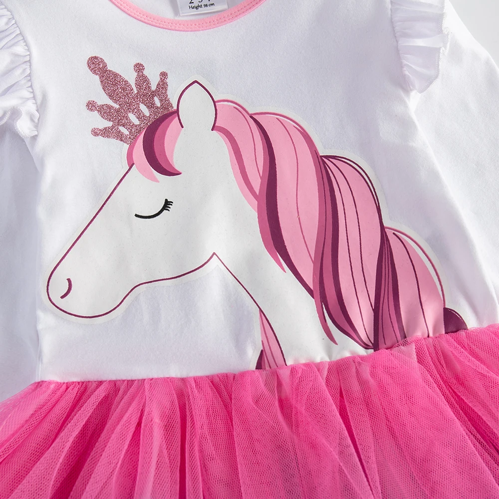Langarm-Herbst- und Frühlingskleid für Mädchen mit Einhorn-Aufdruck und gestuftem Tüll-Mesh-Tutu-Rock für Kinder, glitzernde Prinzessinnenkleider mit Farbverlauf – Detail 7