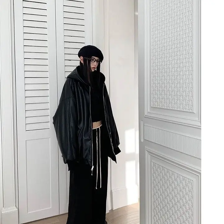 Women's Two Sided Leather Jacket Hooded Winter Coat Soft Plush Lining Reversible Lambswool PU Biker Jacket Streetwear Tops