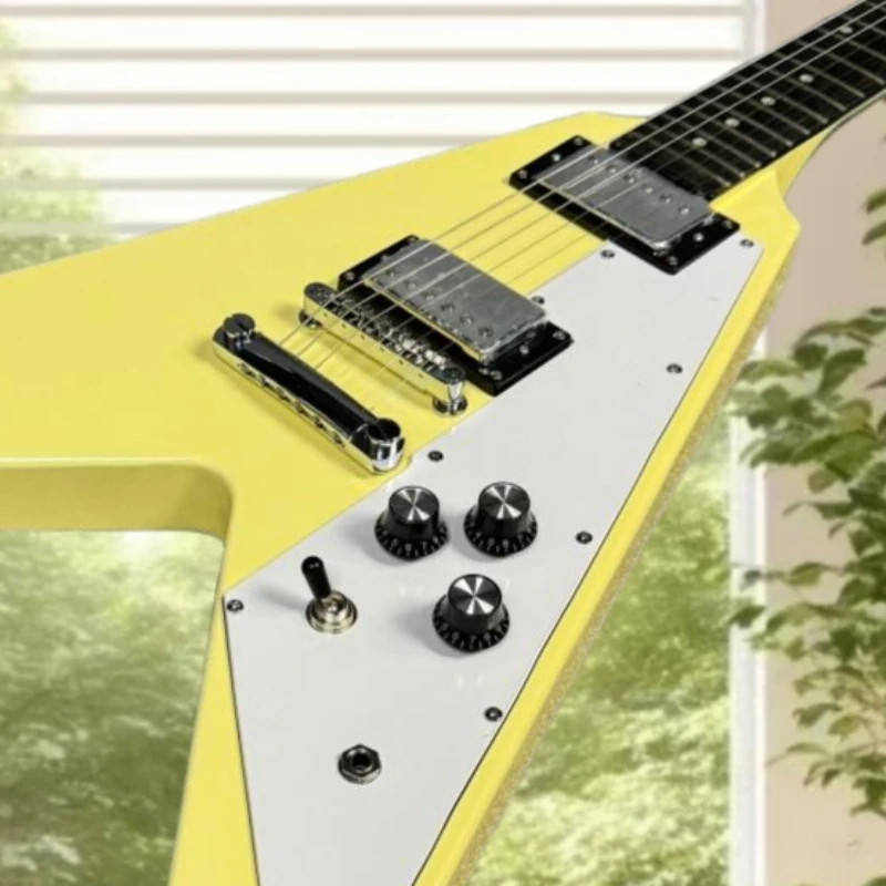Flying V Solid Body Electric Guitar Cream Yellow Gloss Finish White Pickguard HH Humbucker Fixed Bridge Sharp Cutting