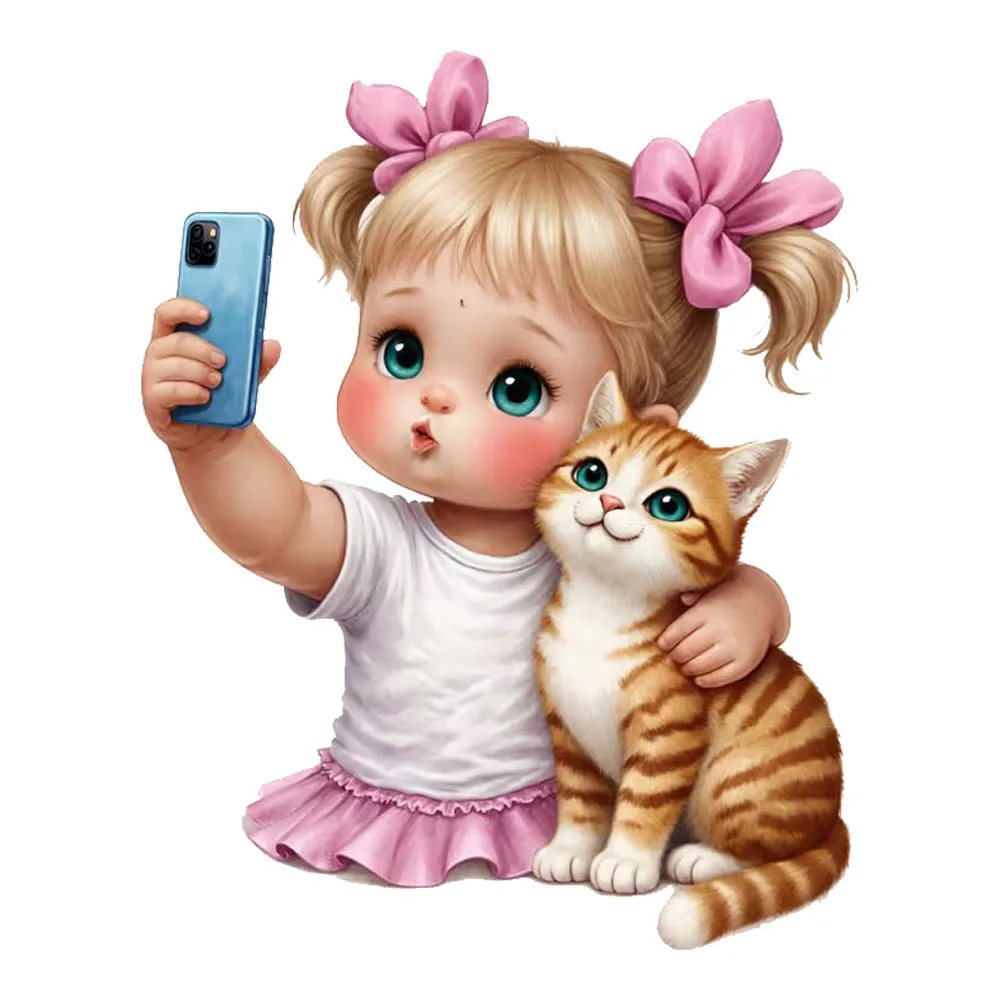 

QT2569#Cute Cartoon Blonde Girl & Tabby Cat Vinyl Decal Car, Truck, Van, SUV, Motorcycle, Wall, Bumper, Window