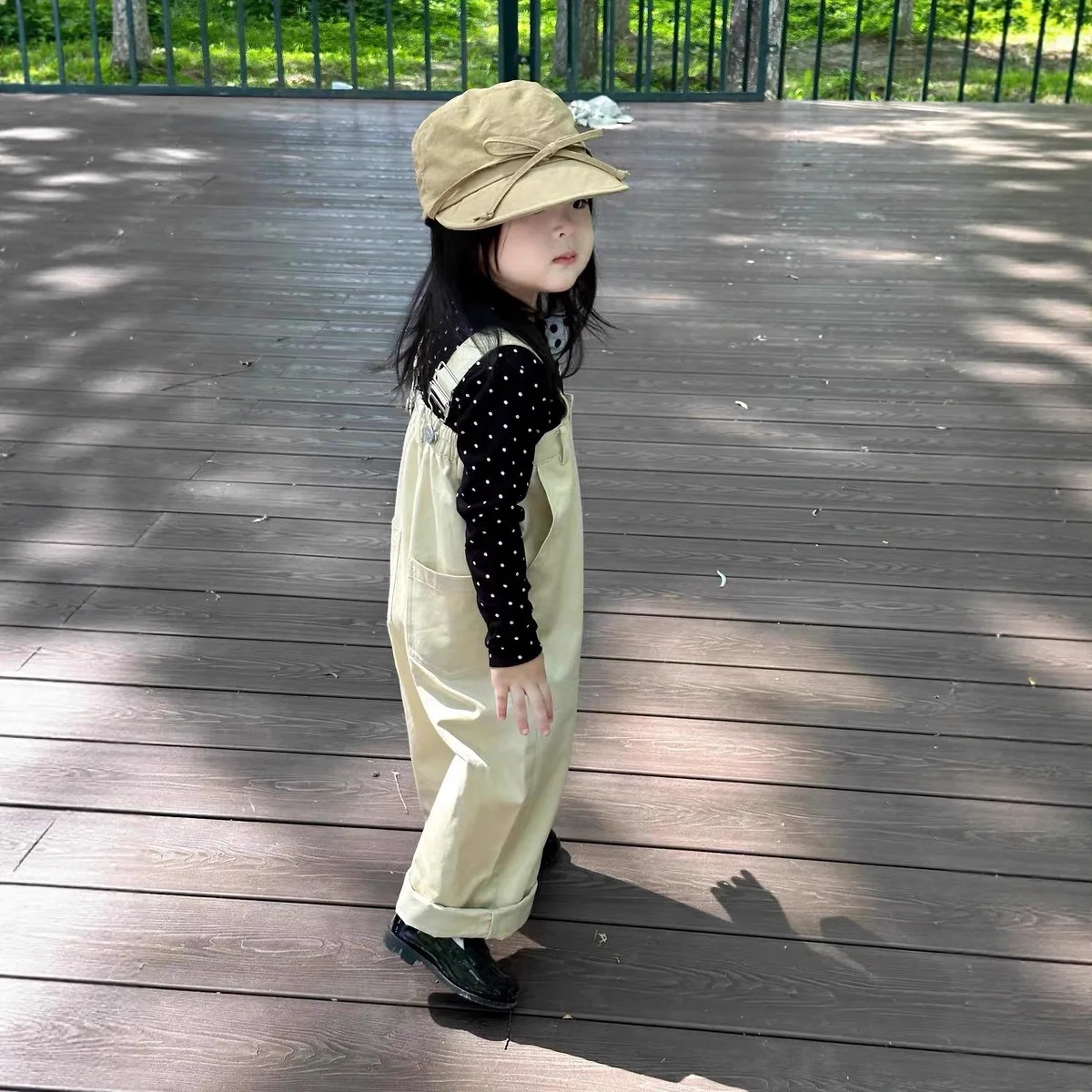 Girls Set 2025 Autumn New Korean Version Polka Dot Black Long Sleeved T-shirt Casual Overalls Two-piece Set Daily Temperament