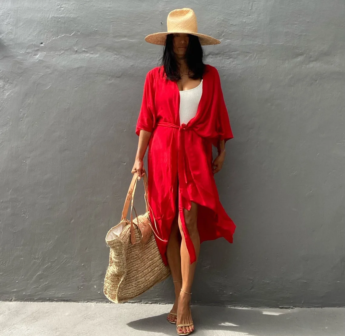 Women's Beach Cover Ups Open Front Tie Dye Maxi Cardigan Kimono Swimsuit with Belts