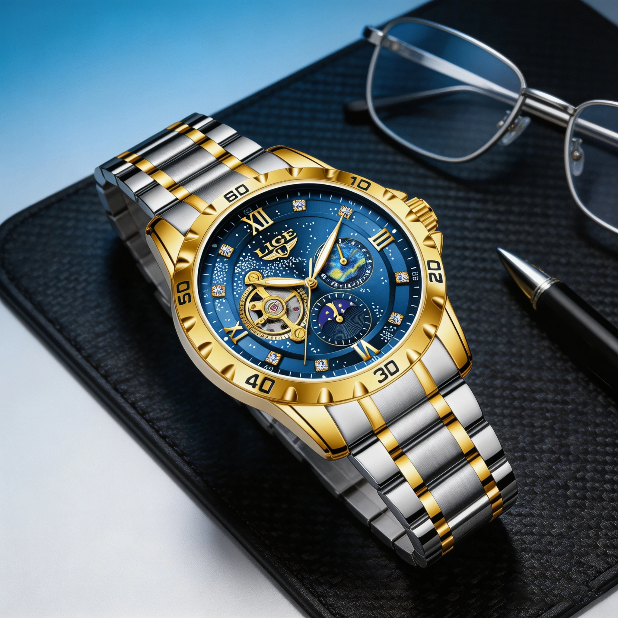 LIGE New Automatic Mechanical Men Watch Business Waterproof Luminous Sun Moon Stars Men's Wristwatch Clock reloj hombre