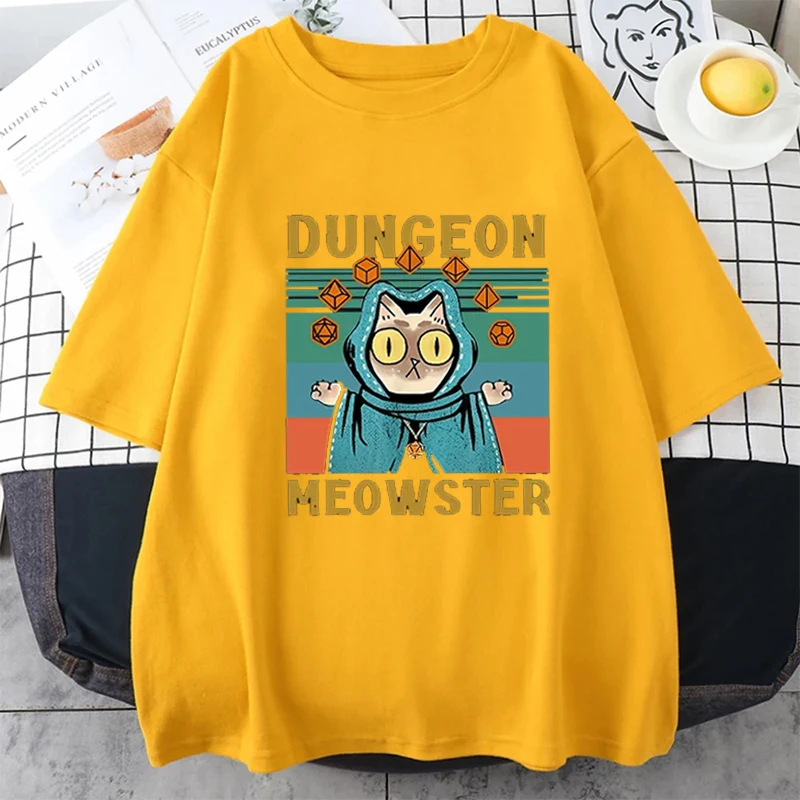 Kawaii Dungeon Meowster Classic T Shirt Retro DnD Game Fabric Graphic Tshirts Women Men Summer Cotton Loose O-neck Tshirt