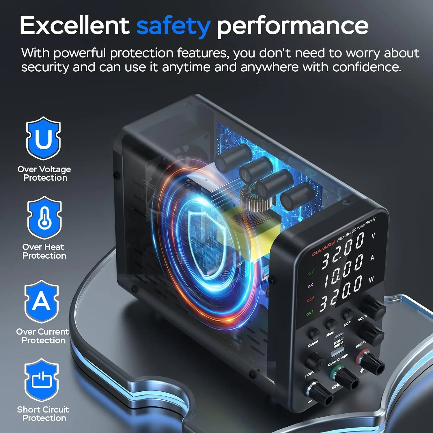 32V 10A Adjustable DC Power Supply, Switching Regulated with USB Charging & Precision Encoder