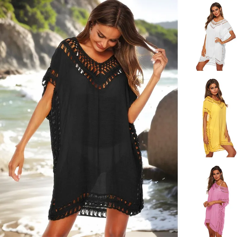 Women Tunic Beach Cover Up Woman Large Size Black Dress Bath Outlet Crochet Cover-ups White Polyester Female 2024 Pareo Sundress