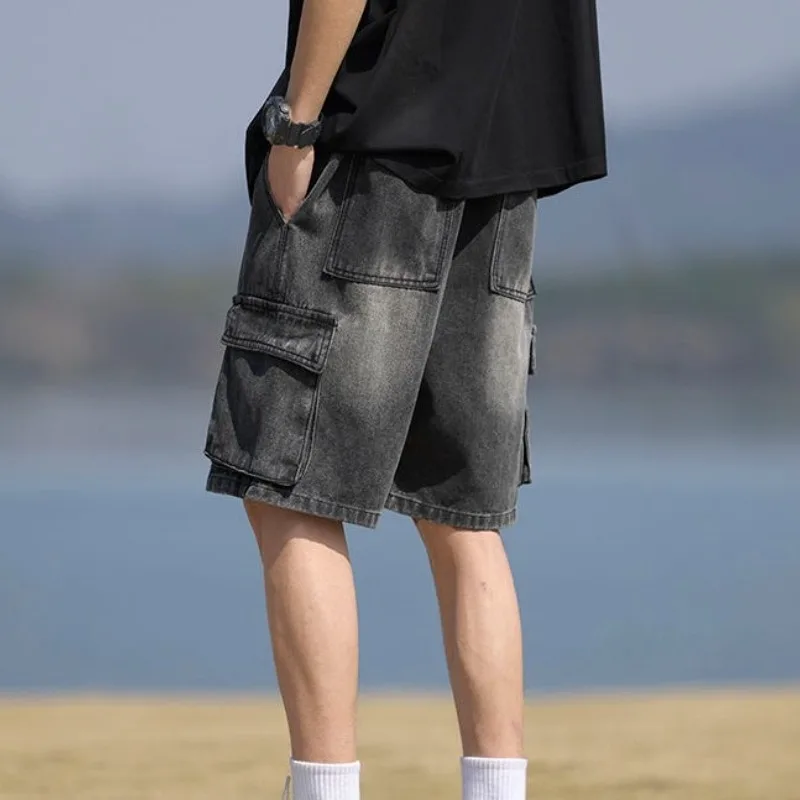 

Short Jeans Pants for Men Cargo Loose Straight Baggy Gray Wide Man Denim Shorts Popular Y2k Fashion Cut Retro Buttons Blue Sale