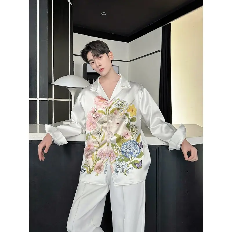 

Luxury White Printed Shirts Men Clothing 2026 High Quality Fashion Pearl Studded with Diamonds Long Sleeve Casual Men's Shirt