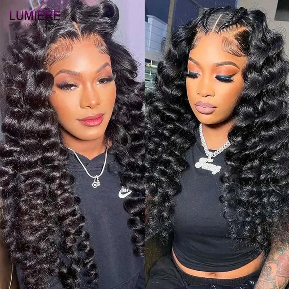 Perruque Lace Front Wig Deep Wave sans colle pour femme, cheveux humains, boucles transparentes, noir naturel, 13x6 HD, 22 pouces, densité 180, haute qualité