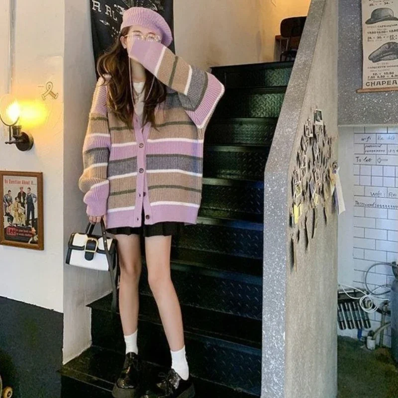 

Корейский Ins женский полосатый вязаный кардиган с v-образным вырезом, свободный утолщенный весенне-осенний ленивый трикотаж, пальто