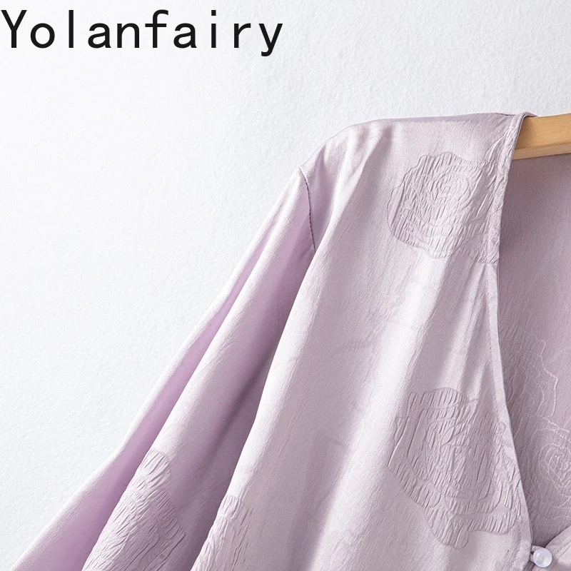 YOLANFAIRY 93% 멀 베리 실크 긴 소매 셔츠 여성 우아한 보라색 여름 탑 새틴 로즈 통기성 셔츠 여성 카디건