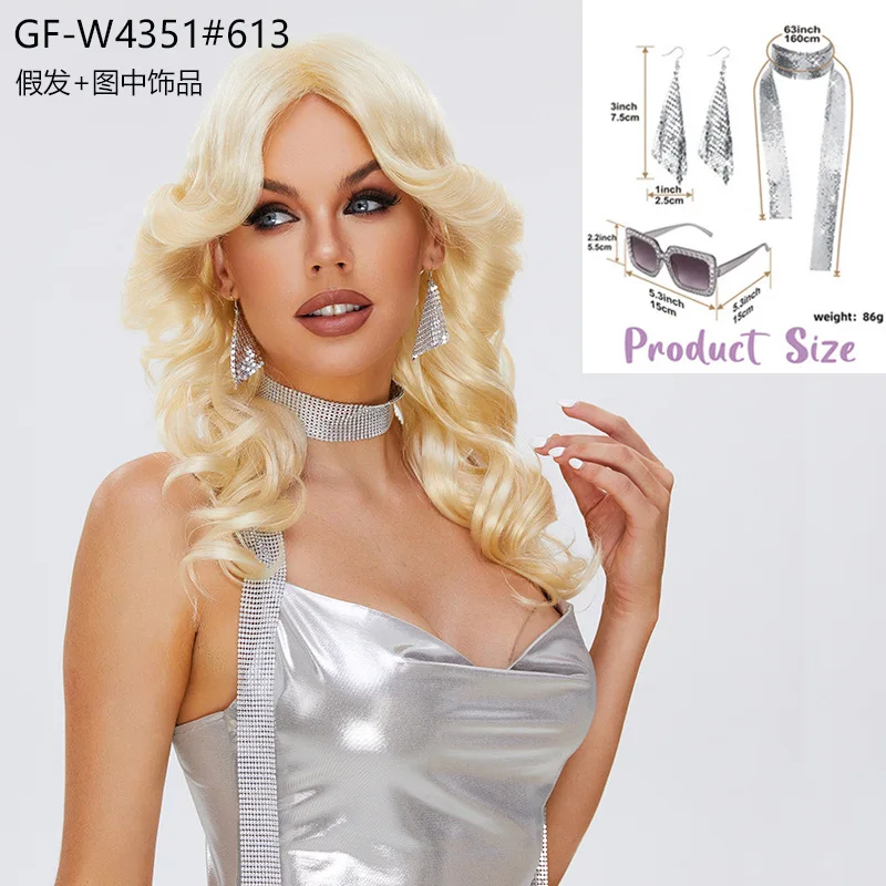 

70-е годы Ретро Диско Блондинка Вьющийся Длинный Парик Комплект с Серьгами Колье Очки Аксессуары для Женщин Хэллоуин Рождество Косплей Костюм