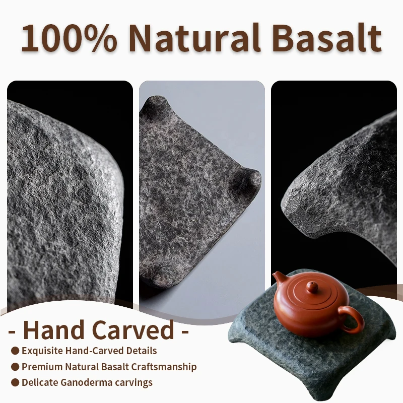 Square Black Basalt Teapot Tray 15x15cm Natural Stone Stand Handcrafted Premium Elegant Zen Kung Fu Tea Ceremony Art Gift Decor