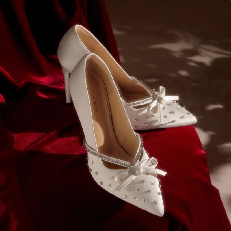

Stiletto heels spring new pointed toe shallow silk bow rhinestone wedding shoes banquet large size small size women's shoes