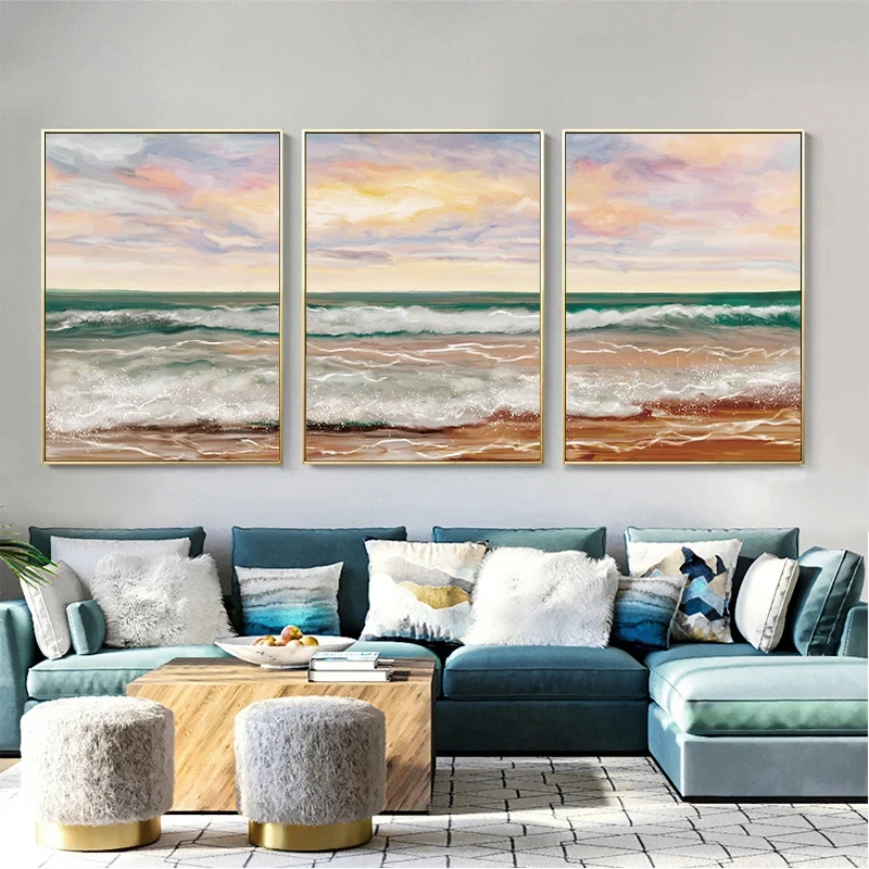 Seaside Color Sunset Sea Horizon Wave Abstract Landscape Oil Painting Canvas Poster and Print Wall Art Nordic Picture Decoration