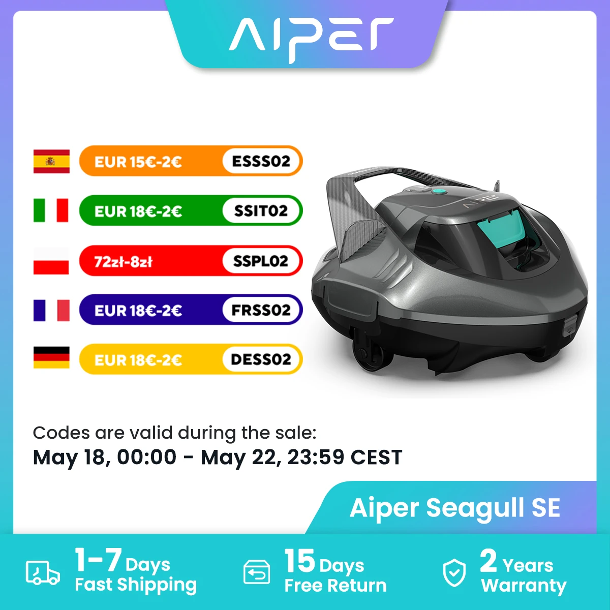 Nettoyeur de piscine robotisé sans fil Seagull SE, stationnement automatique, autonomie de 90 minutes, reconditionné par Aiper