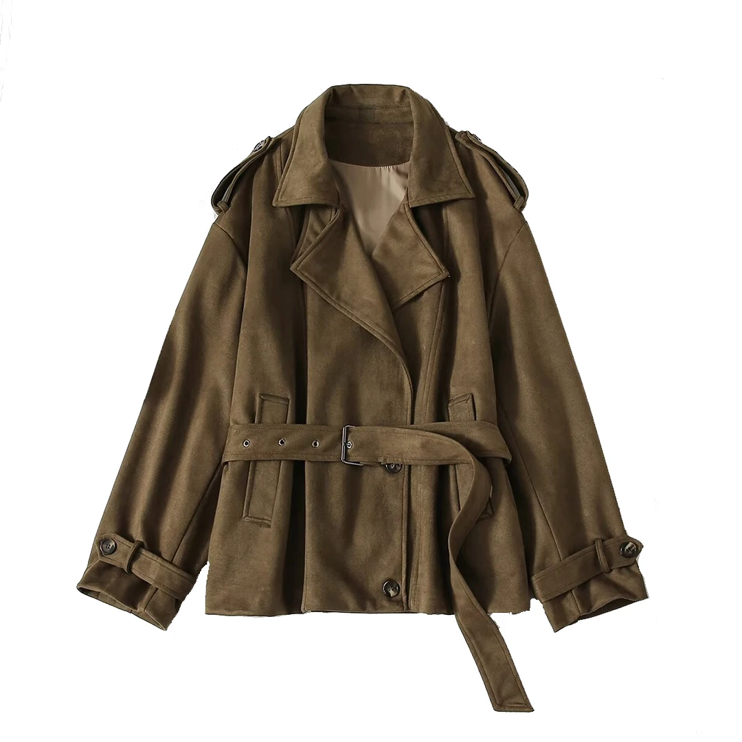 KASLEAD Cappotto in pelle scamosciata allentata Faion da donna nuovo con cintura Capispalla autunnale lungo in fibra di poliestere doppio petto Sve