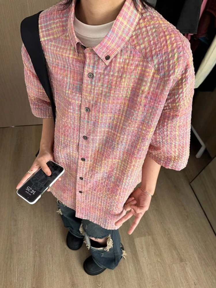 

Pink Plaid ort Sve Men's irt Summer Dopane Trend American Retro Hong Kong Sle Japanese Outerwear Loose Fit Youth ...