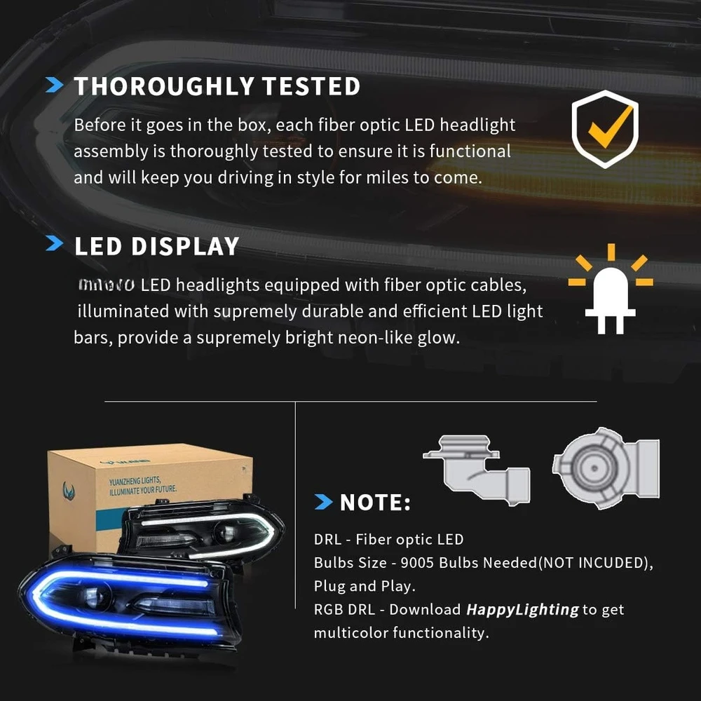LED Headlights Dodge Charger 2015-2023 Multicolor Halo DRL Not Fit Xenon Models 9005 Bulbs Required Auto Replacement