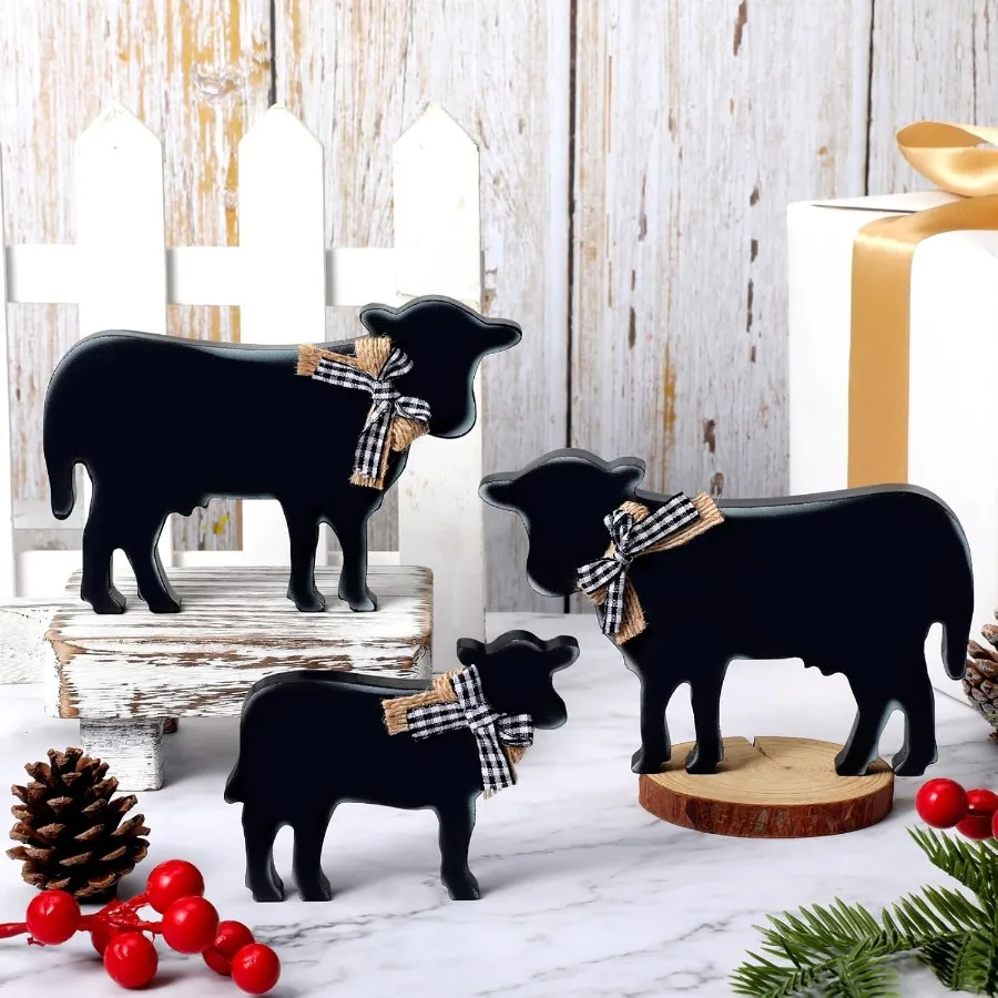3 pçs de madeira vaca decoração de mesa de natal fazenda estatuetas de vaca decoração para cozinha prateleira ocidental país decorações de natal f