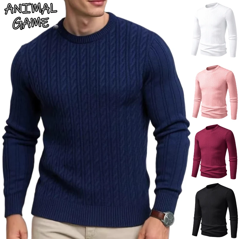 Animal Game Herren-Langarm-T-Shirts, Rundhalsausschnitt, Strickwaren, lässiger Pullover, Twist, kalte Bluse, Pullover, gemusterter Kabel-Arbeitspullover