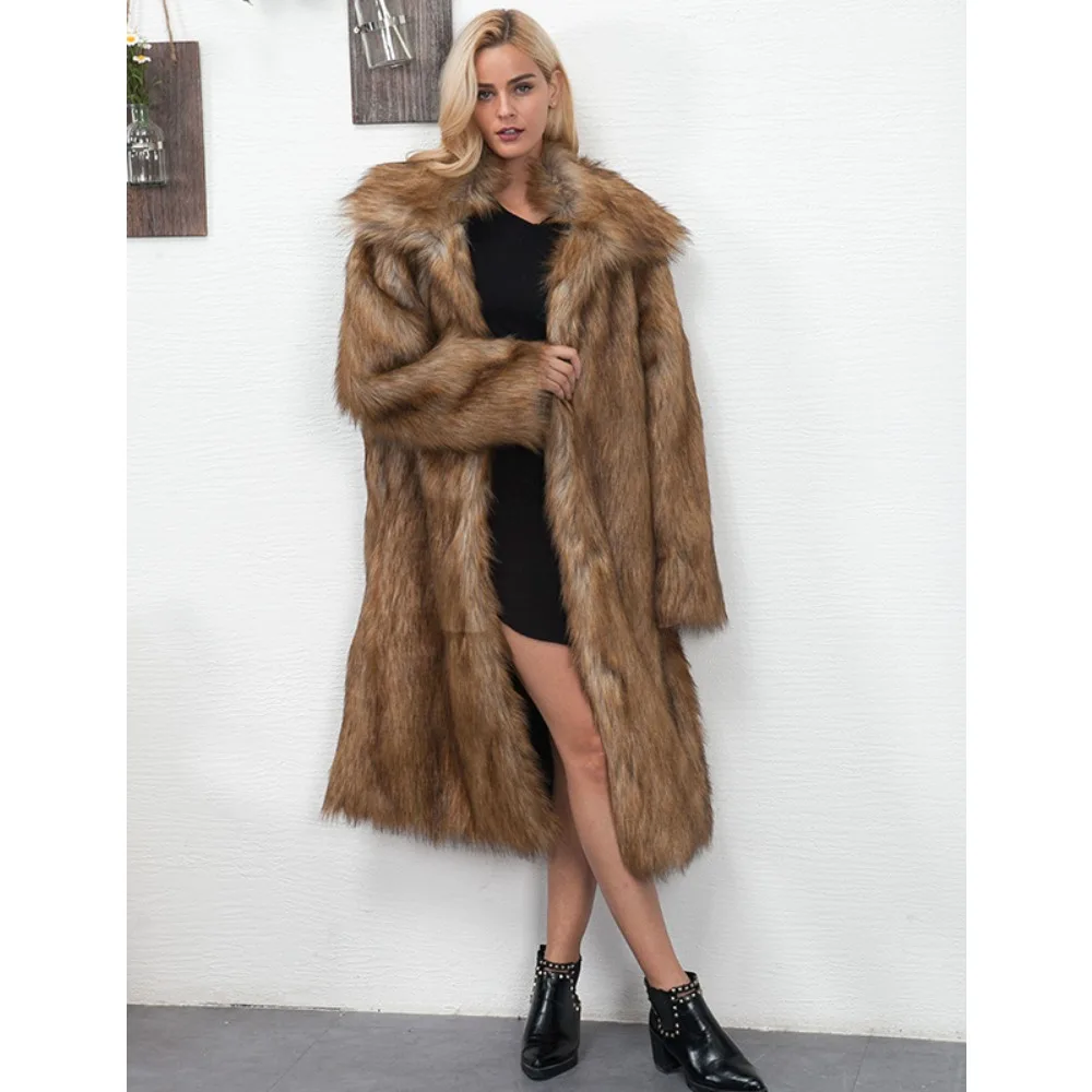 Women Faux Fur Jacket Long Coat Cardigan Thick Fluffy Warm Shaggy Open Stitch Outerwear 2025 Winter Female Overcoat Elegant
