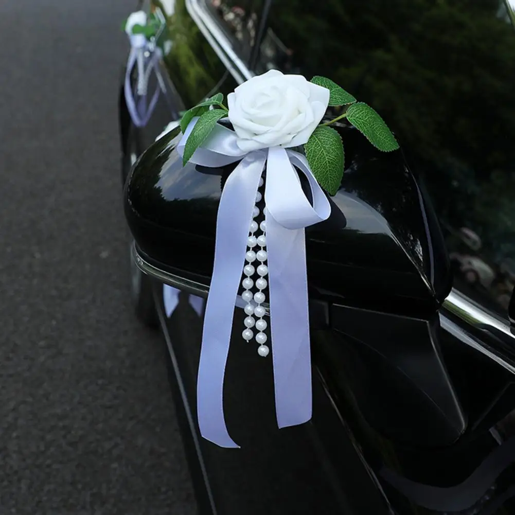Artificial White Rose Wedding Car Decoration Door Handle & Rearview Mirror Flower Bouquet with Satin Ribbon Bow And Faux Pearls