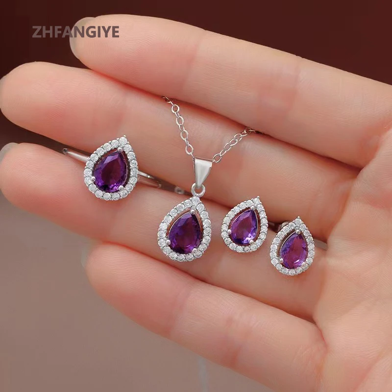 

ZHFANGIYE 925 Silver Jewelry Set Ring Stud Earrings Pendant Necklace with Zircon Water Drop Shape Accessories for Women Wedding