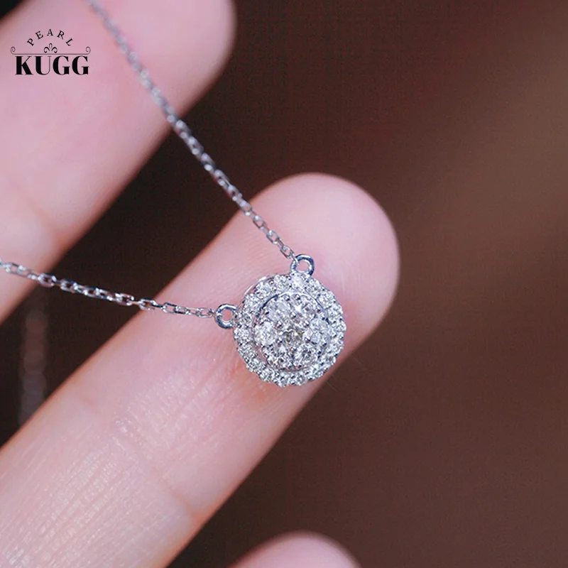 KUGG 18K White Gold Necklace Classic Round Design 0.25carat Real Natural Diamond Pendant Necklace for Women Birthday Gift