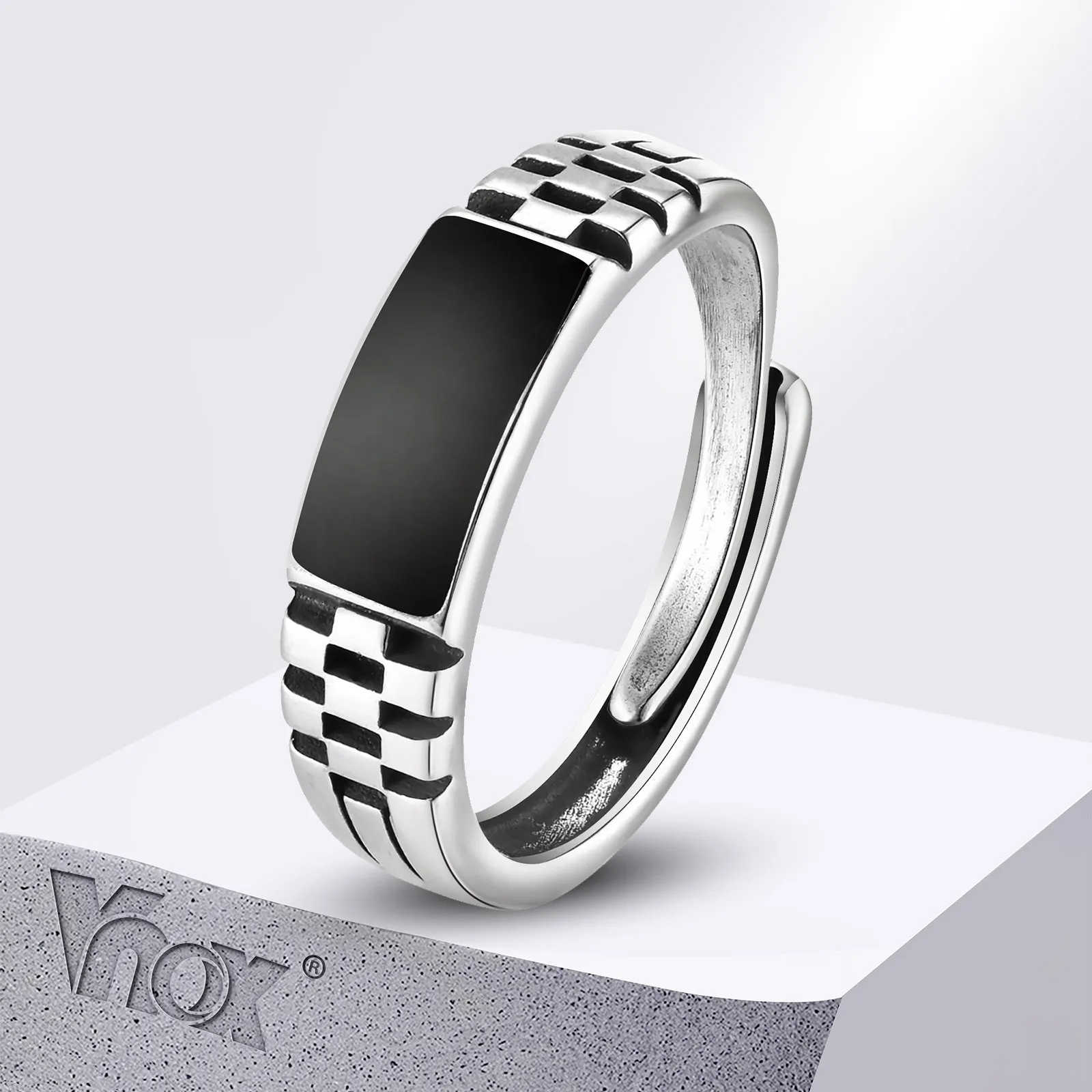 Vnox Mens Open Rings, Black Enamel Signet Ring, Watch Band Grooved Finger Band, Adjustable Jewelry