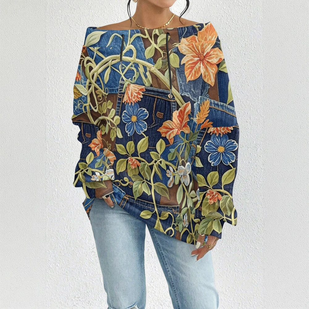 المرأة الأزرق خمر الأزهار طباعة البلوز قبالة الكتف الرباط البلوز الأعلى مع الزهور الوردية فضفاضة تناسب بلوزة عادية