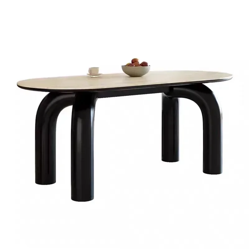 

French retro cream style, living room black rectangular rock slab dining table, small apartment dining table and chairs