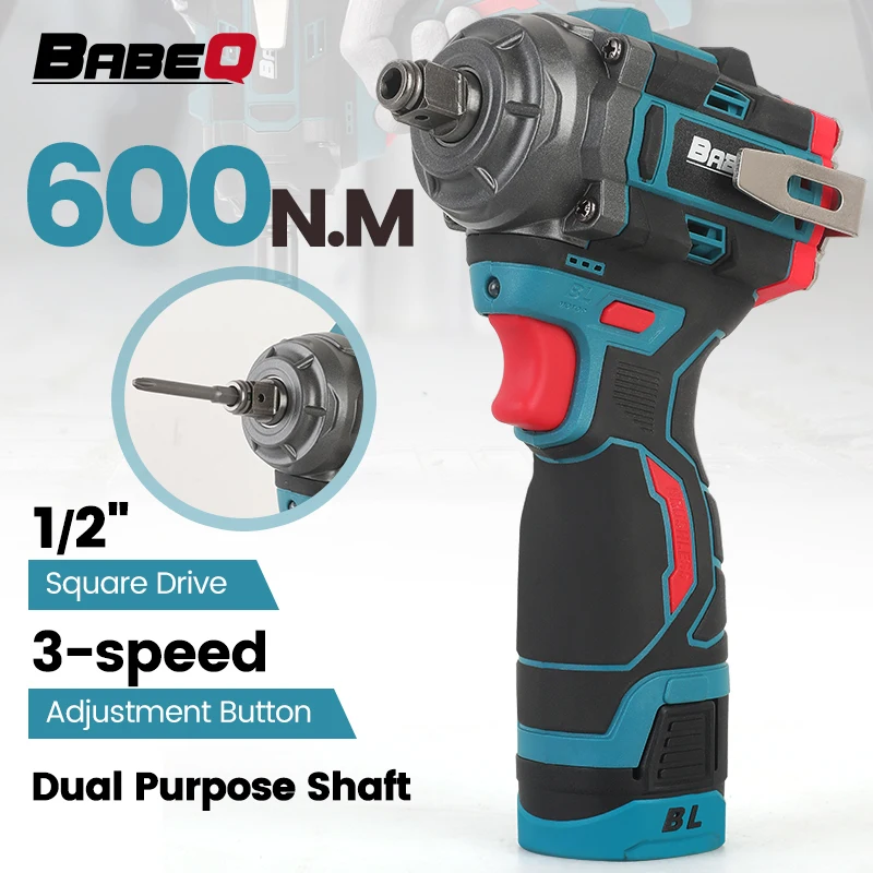 BABEQ 600N.M ประแจผลกระทบไฟฟ้าแบบไม่มีแปรงมือถือ 1/2 นิ้วประแจไฟฟ้าไร้สายไขควงชุดซ็อกเก็ตเครื่องมือไฟฟ้า