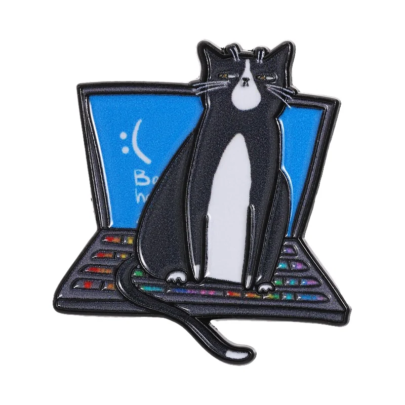 

Cartoon Office Work Cat & Computer Enamel Pin Office Humor Tired Cat Metal Brooch Bag Lapel Badge Funny Jewelry Gift for Friends