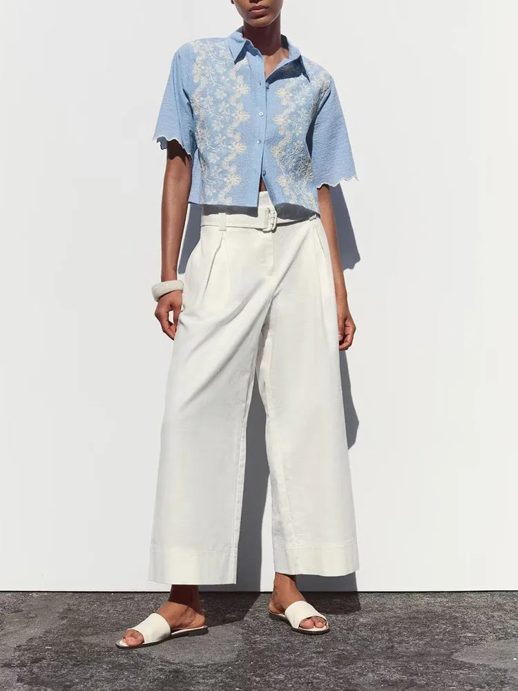 

Faionable ort Sve Turn-down Collar Embroidered Women's irt New Arrival Summer 2025 Versatile Simple Design