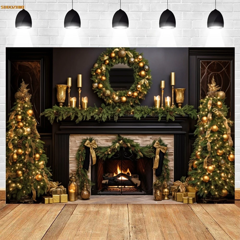 Kerstboom Foto Achtergrond Open haard Krans Houten Deur Cadeau Sneeuwvlok Fotografie Achtergrond Familievakantie Feest Fotostudio