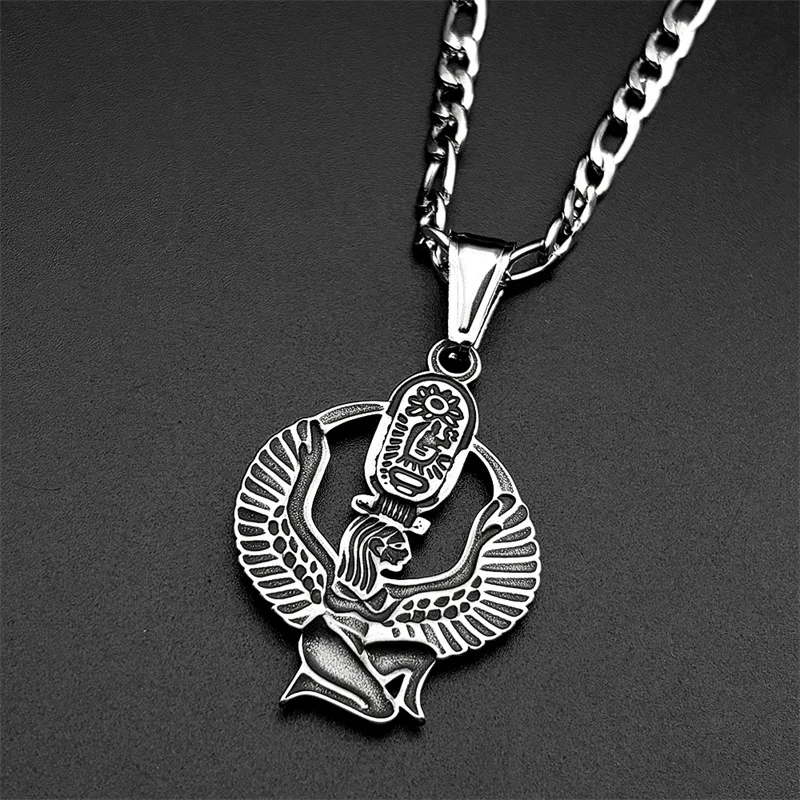 Egyptian Isis Goddess of Life Symbol Necklace for Women Men Stainless Steel Gold Color Mystery Cartouche Amulet Chain Jewelry