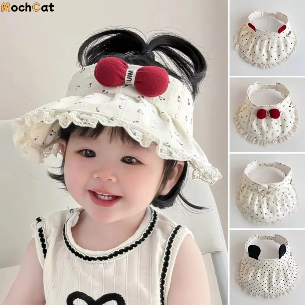 

Lace Trim Sun Visor Hat Adjustable Hollow Top Large Brim Sun Visor Hat Red Bowknot Cherry Print Empty Top Sun Hat