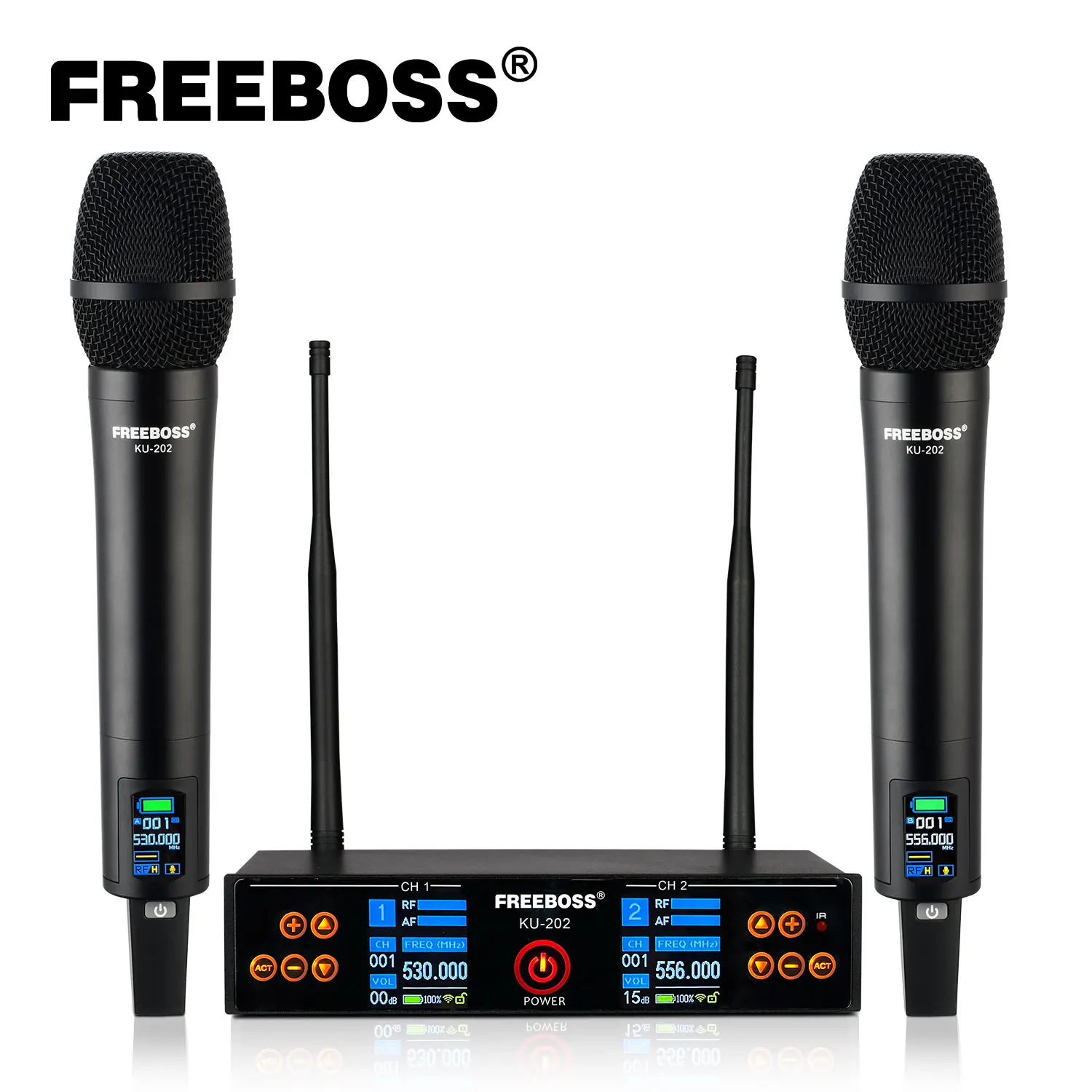 FREEBOSS microfono Karaoke Wireless TFT ricaricabile 2 palmare UHF 2*100 punti scansione a frequenza a infrarossi microfono dinamico KU-202