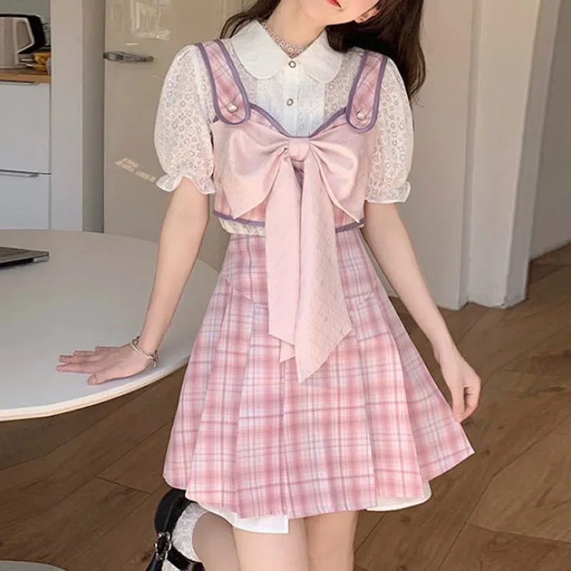 

Women's Sweet Preppy Style Sling Sleeveless Button Spliced Bow Plaid Slim High Waist Skirt Shirring Two Piece Set 2025 Hot Sale