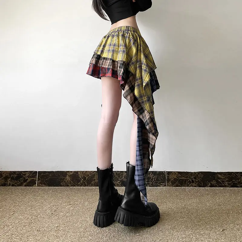 Autumn fashion trend; new style; cotton plaid patchwork asymmetrical hem; high-waisted skirt-pants; women's streetwear