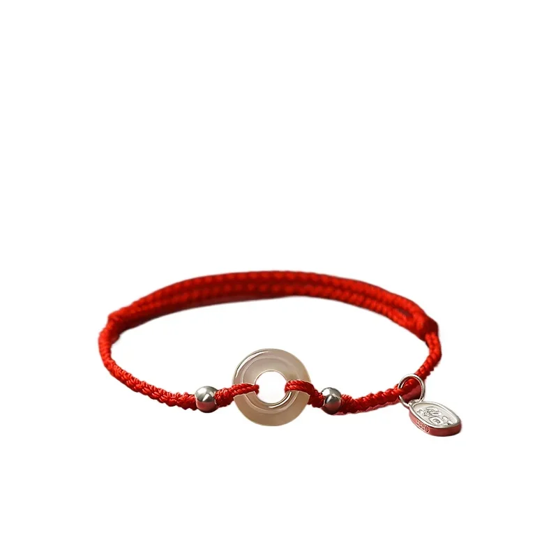 

Hetian jade safety buckle red rope bracelet women's 999 sterling silver red couple woven hand rope