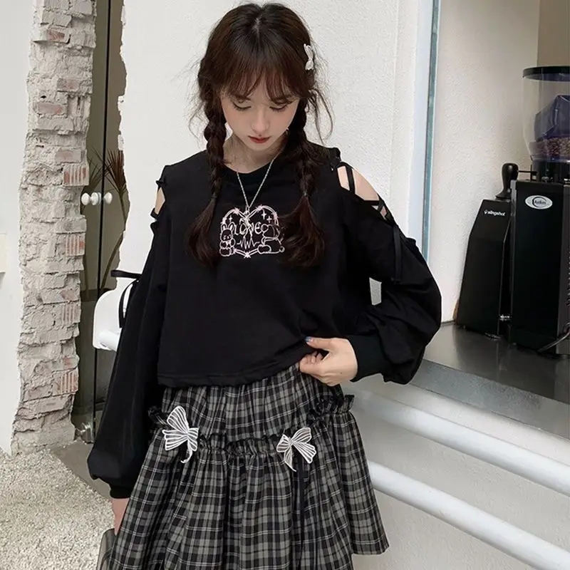 【 Two piece set 】 Off the shoulder long sleeved t-shirt women's sweater short top+plaid short skirt jk half skirt student set