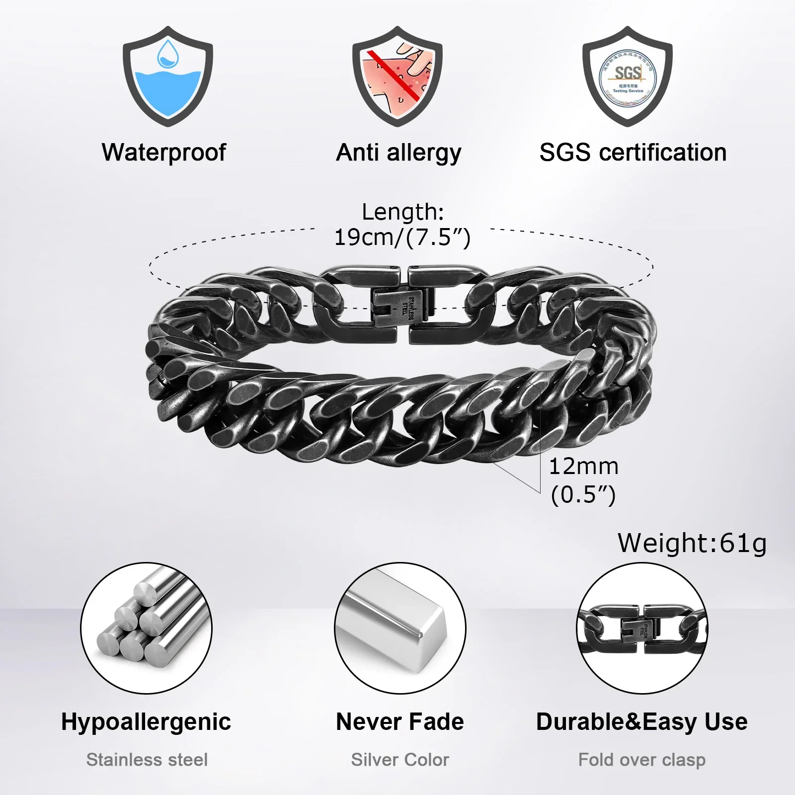 Vnox 8 مللي متر/12 مللي متر جريئة الثقيلة الفولاذ المقاوم للصدأ الكوبية أساور للرجال الأولاد ، سوار معصم معدني مؤكسد ، فاسق الصخور سلسلة سوار مجوهرات #4