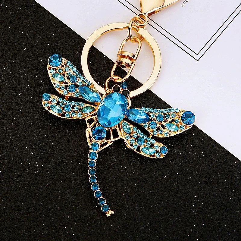 Lovely Crystal Blue Dragonfly Keychain For Women Purse Handbag Car Key Keyring Keychains Wedding Birthday Gift Party Jewelry